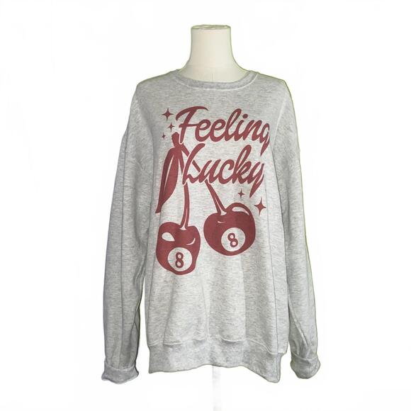 Tops - Feeling Lucky Cherry Graphic Sweatshirt Womens L Grey Oversized Cozy Fall Cute